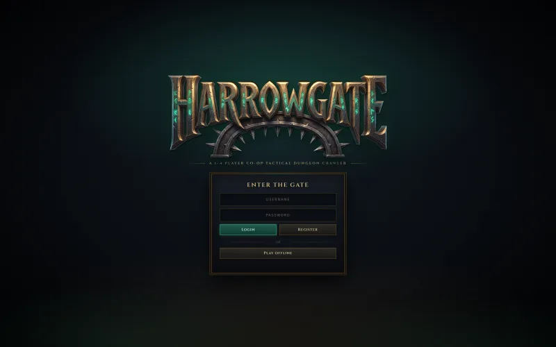 Úvodní obrazovka Harrowgate s přihlášením a volbou hrát offline