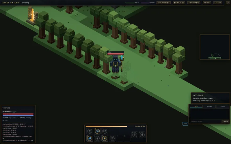 Průzkum dungeonu: voxelový les, minimapa a lišta schopností